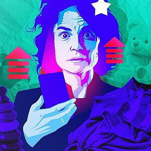 Das Bild zeigt eine erschöpft aussehende Frau in einem Berg von Wäsche und Spielsachen. Sie hält ein Smartphone in der Hand. Um sie schwirren Icons die einen Levelaufstieg oder Gewinn darstellen.