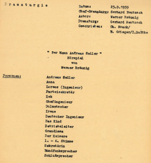 Titelblatt des im DRA überlieferten Hörspiel-Manuskripts von »Der Mann Andreas Seiler«